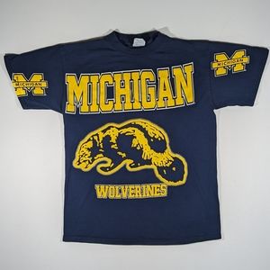 Vintage Michigan Wolverines T-shirt Size Large Y2K 2000s Blue Collage